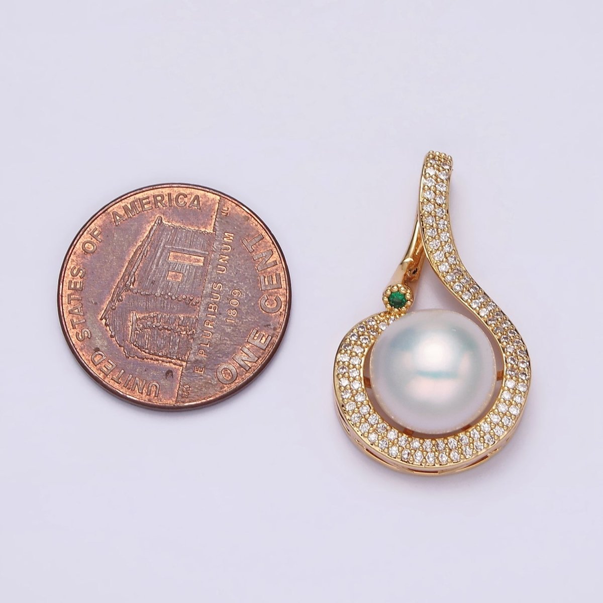 16K Gold plated Round White Pearl Curved Micro Paved CZ Pendant in Gold & Silver | AA775 AA776