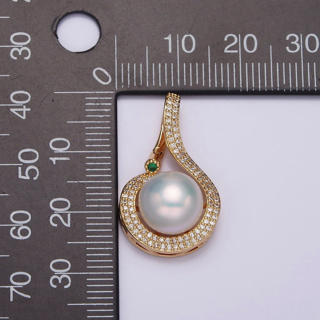 16K Gold plated Round White Pearl Curved Micro Paved CZ Pendant in Gold & Silver | AA775 AA776