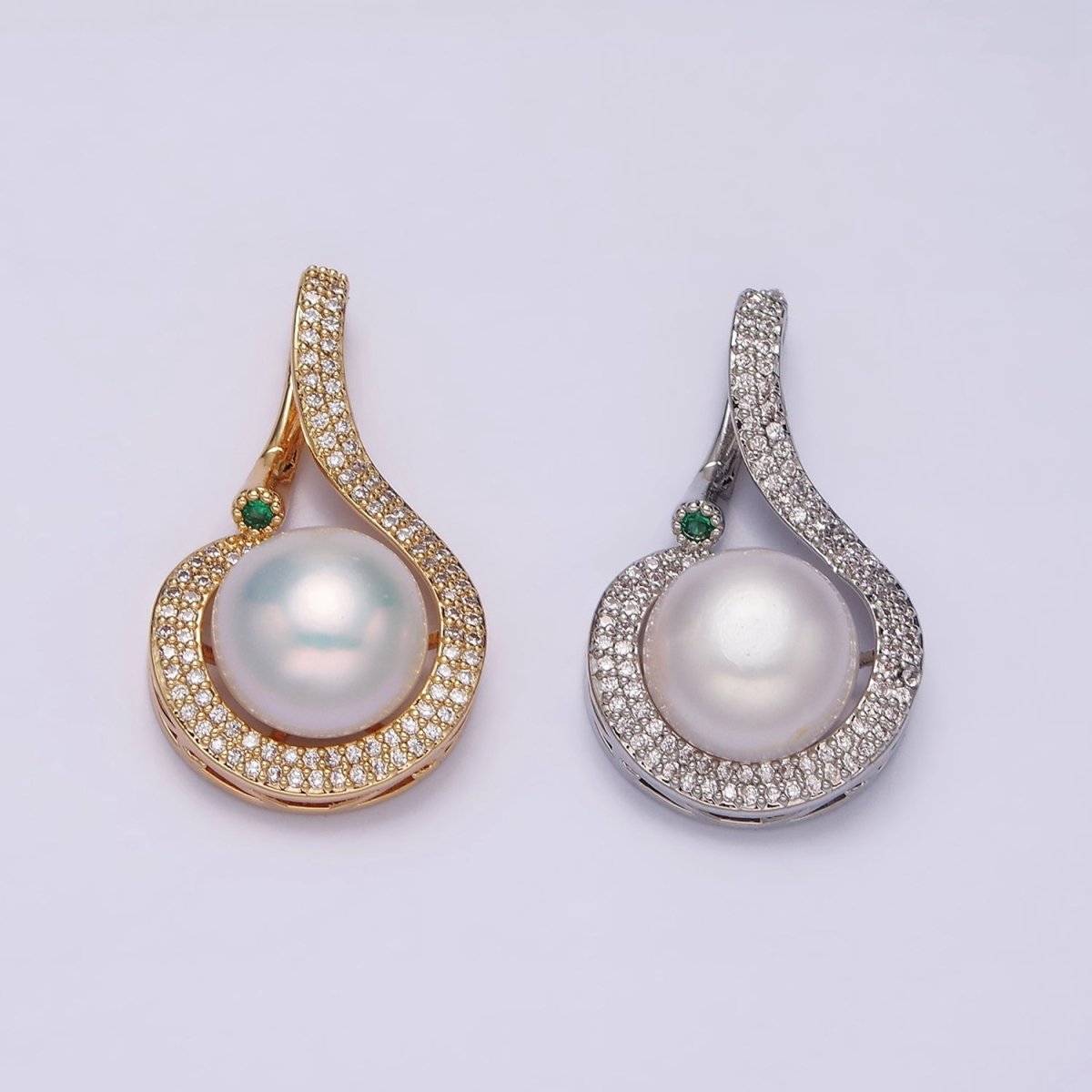 16K Gold plated Round White Pearl Curved Micro Paved CZ Pendant in Gold & Silver | AA775 AA776