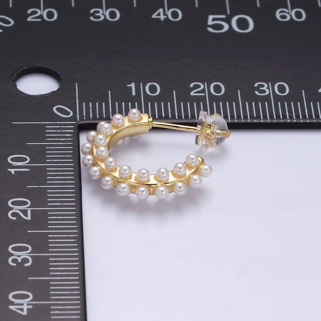 16K Gold plated Round White Pearl Dotted C-Shaped Hoop Earrings in Gold & Silver | AE595 AE596