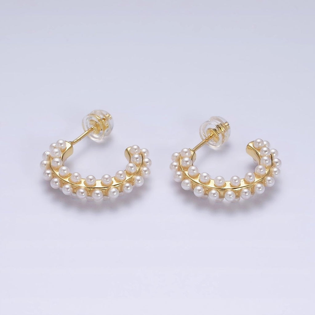 16K Gold plated Round White Pearl Dotted C-Shaped Hoop Earrings in Gold & Silver | AE595 AE596