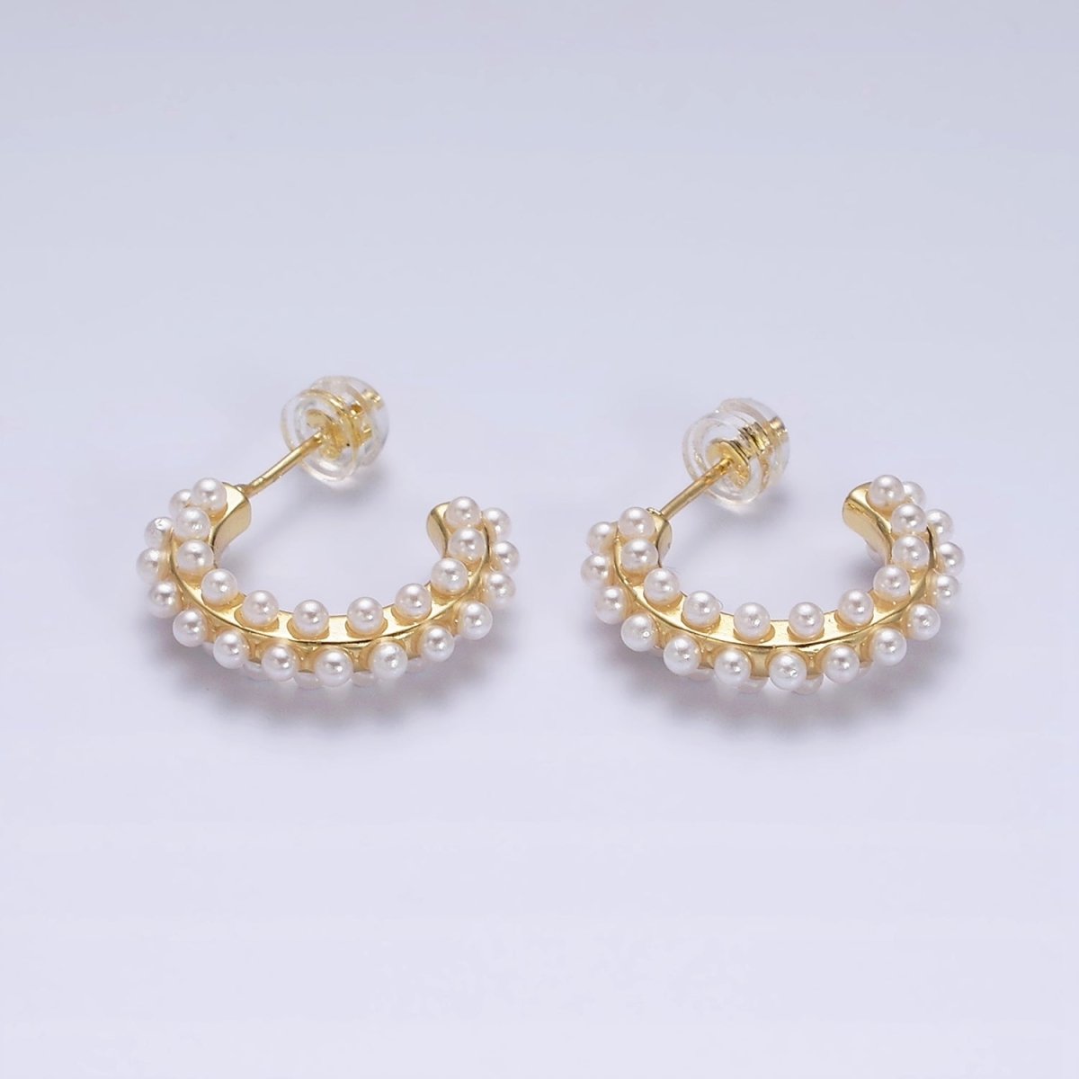16K Gold plated Round White Pearl Dotted C-Shaped Hoop Earrings in Gold & Silver | AE595 AE596