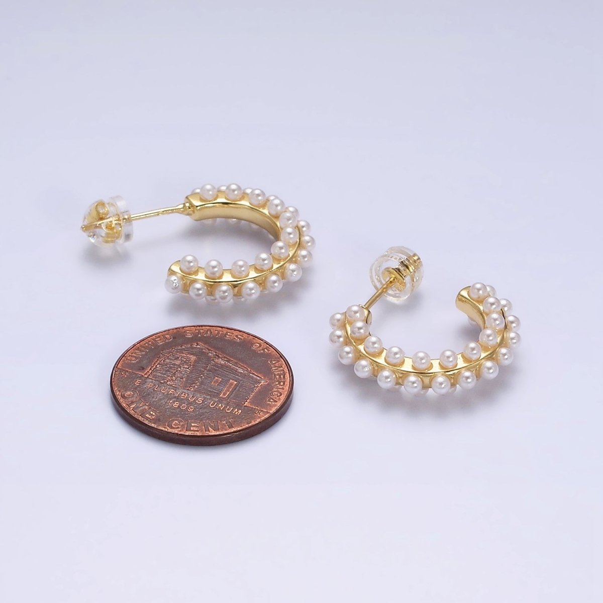 16K Gold plated Round White Pearl Dotted C-Shaped Hoop Earrings in Gold & Silver | AE595 AE596