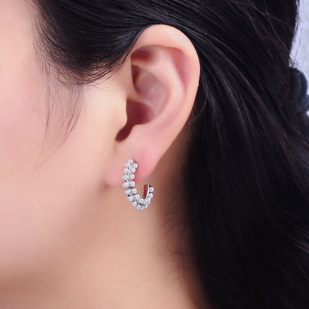 16K Gold plated Round White Pearl Dotted C-Shaped Hoop Earrings in Gold & Silver | AE595 AE596