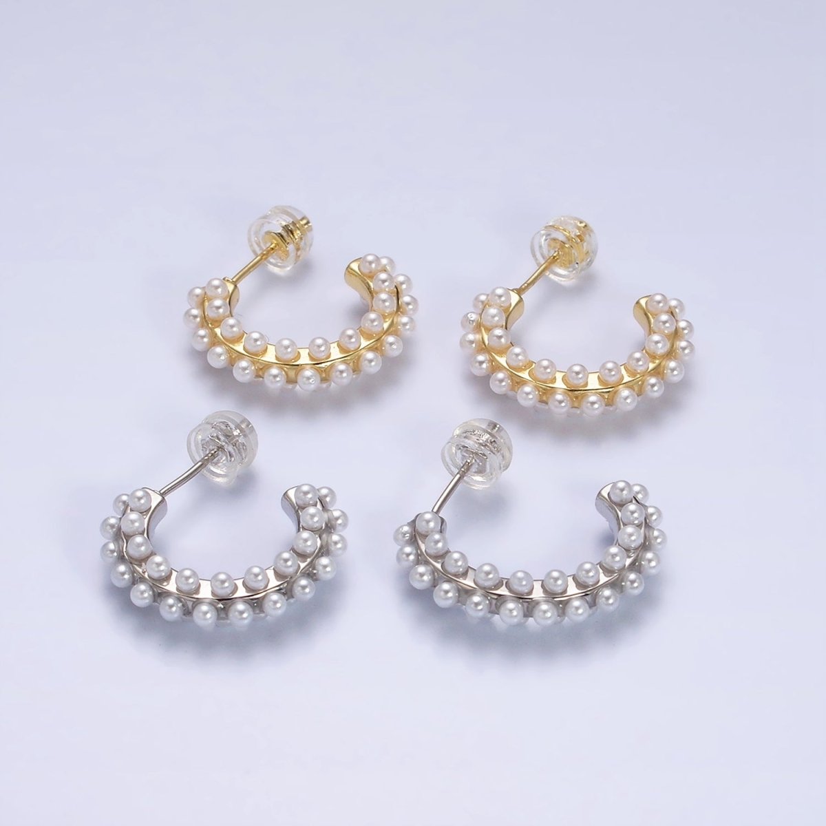 16K Gold plated Round White Pearl Dotted C-Shaped Hoop Earrings in Gold & Silver | AE595 AE596