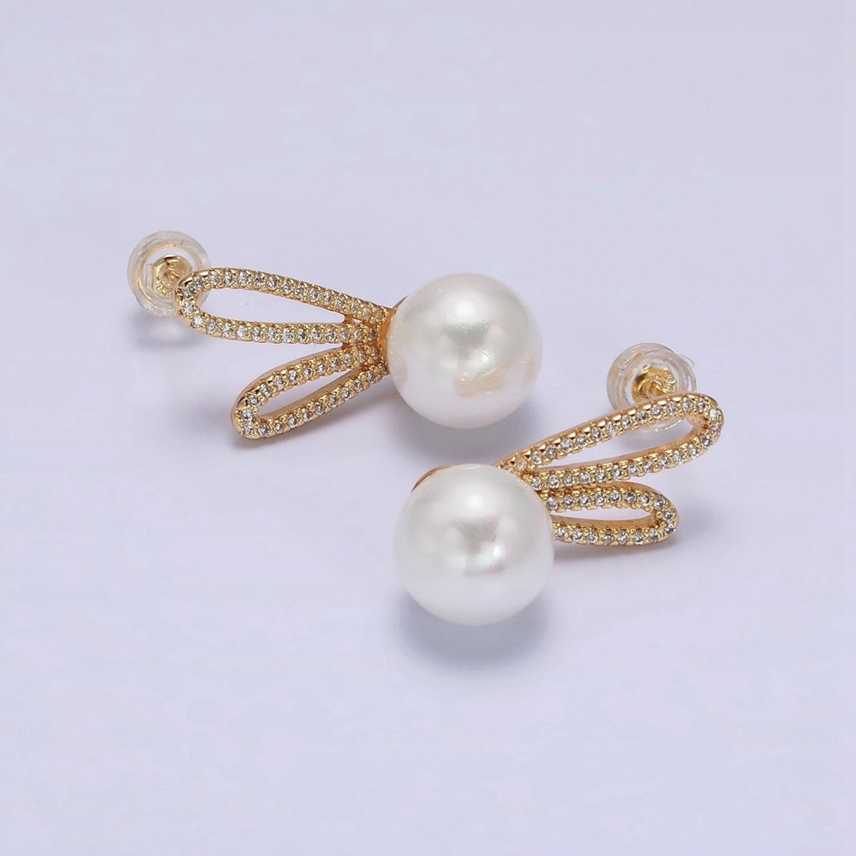 16K Gold plated Round White Pearl Micro Paved CZ Bunny Rabbit Ears Stud Earrings in Gold & Silver | AE558 AE559
