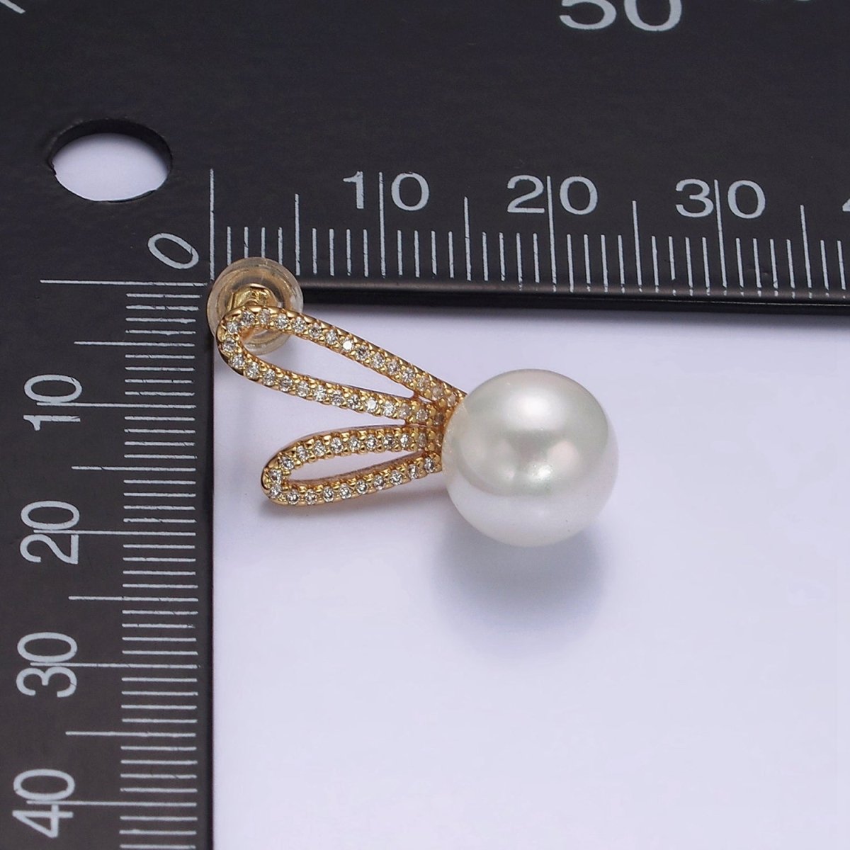 16K Gold plated Round White Pearl Micro Paved CZ Bunny Rabbit Ears Stud Earrings in Gold & Silver | AE558 AE559