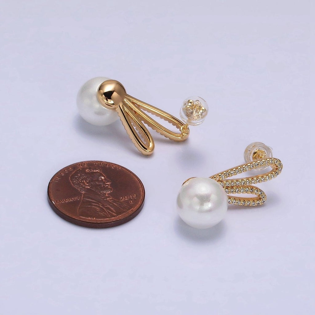 16K Gold plated Round White Pearl Micro Paved CZ Bunny Rabbit Ears Stud Earrings in Gold & Silver | AE558 AE559