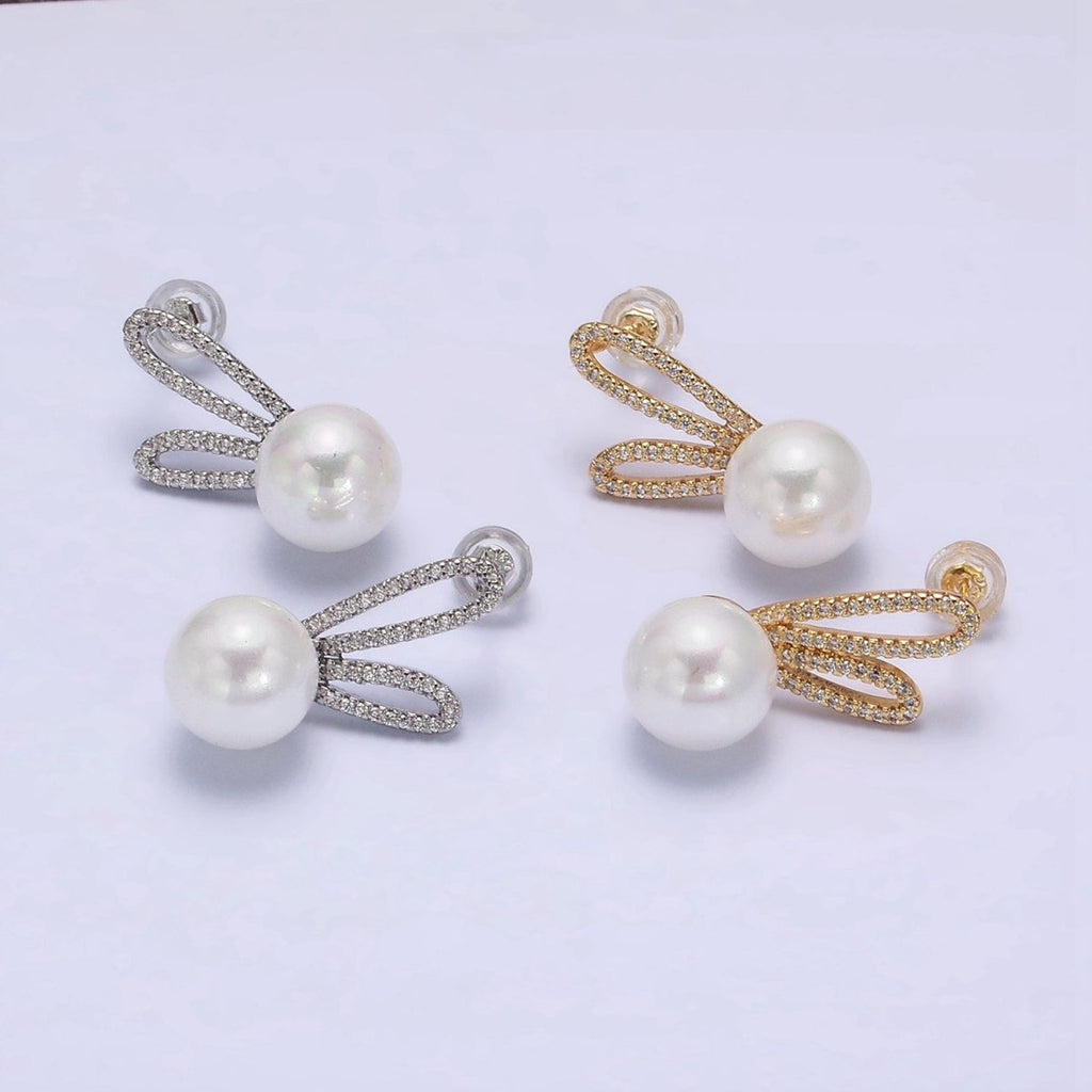 16K Gold plated Round White Pearl Micro Paved CZ Bunny Rabbit Ears Stud Earrings in Gold & Silver | AE558 AE559