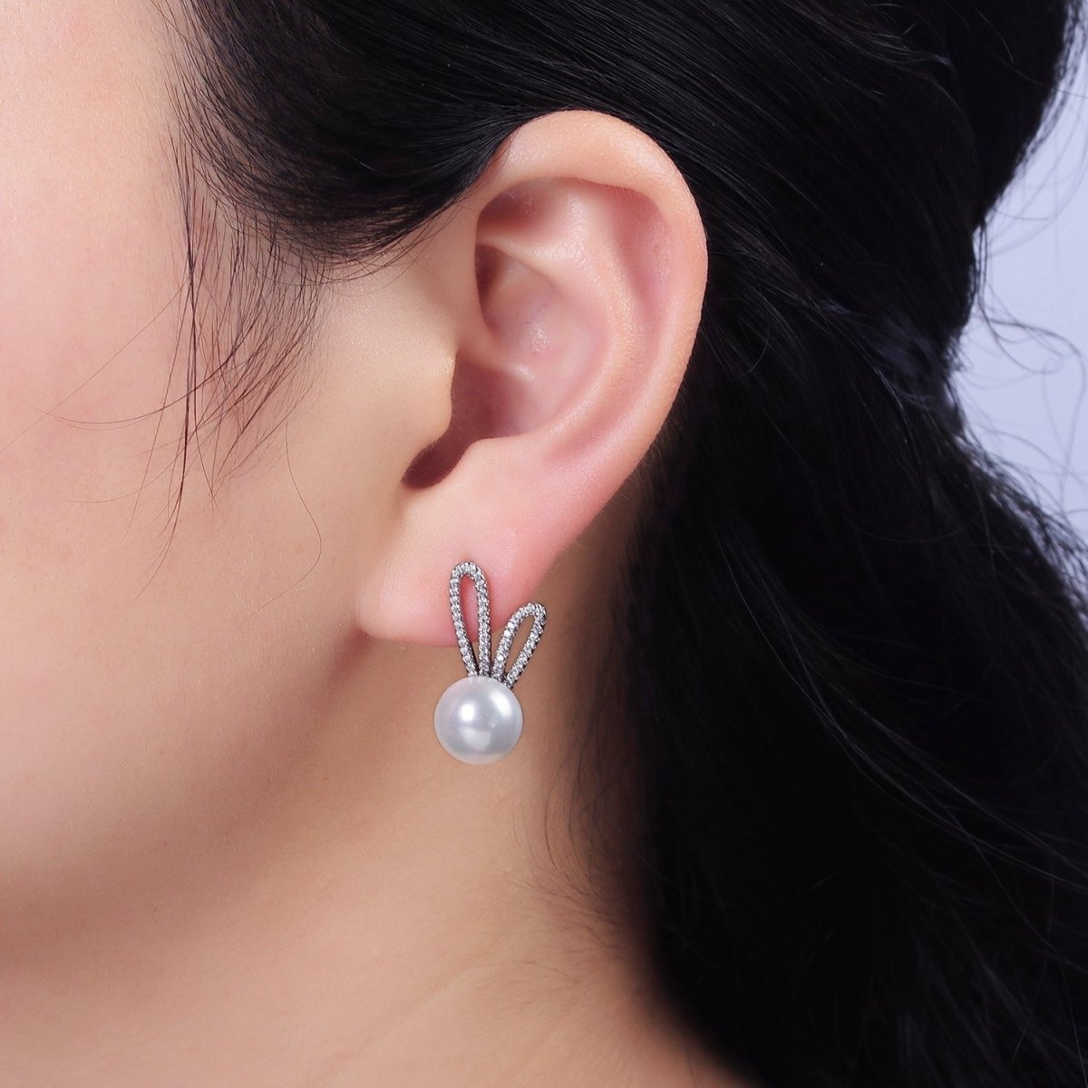 16K Gold plated Round White Pearl Micro Paved CZ Bunny Rabbit Ears Stud Earrings in Gold & Silver | AE558 AE559
