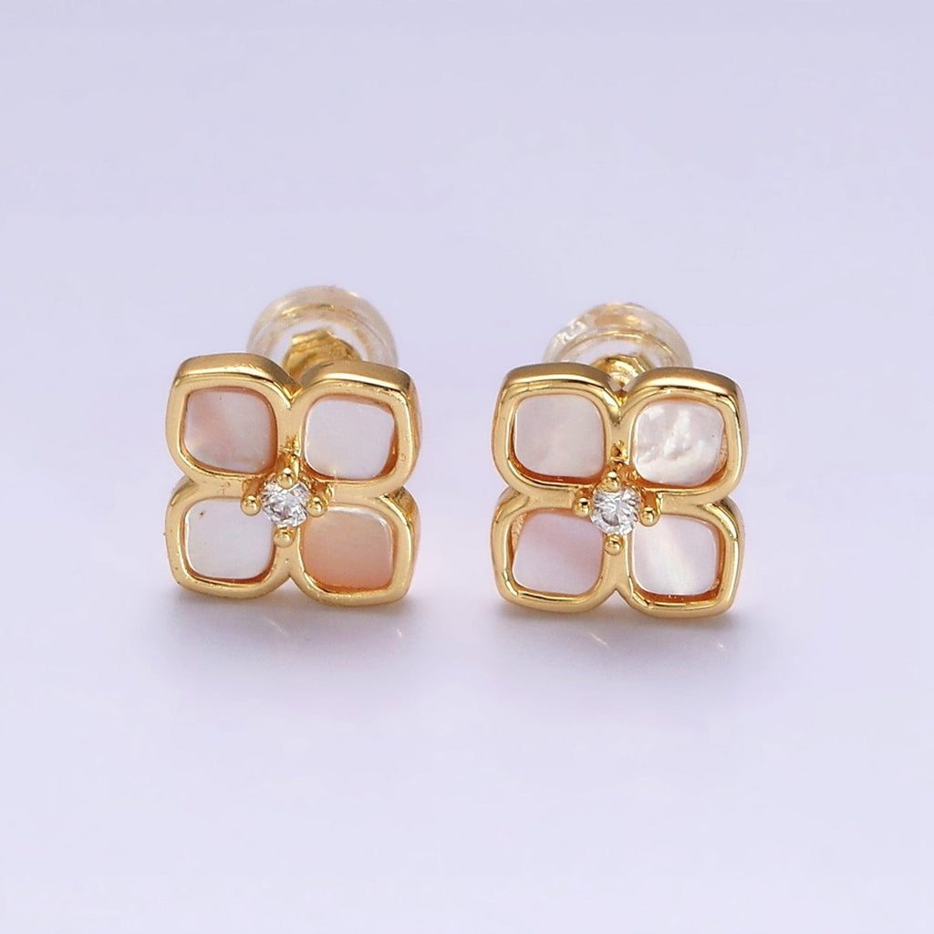 16K Gold plated Shell Pearl Flower Quatrefoil Stud Earring in Gold & Silver | AD1554 AD1555 - DLUXCA