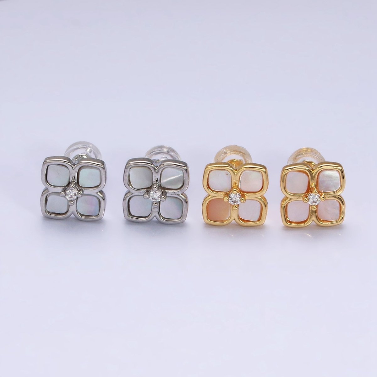 16K Gold plated Shell Pearl Flower Quatrefoil Stud Earring in Gold & Silver | AD1554 AD1555 - DLUXCA