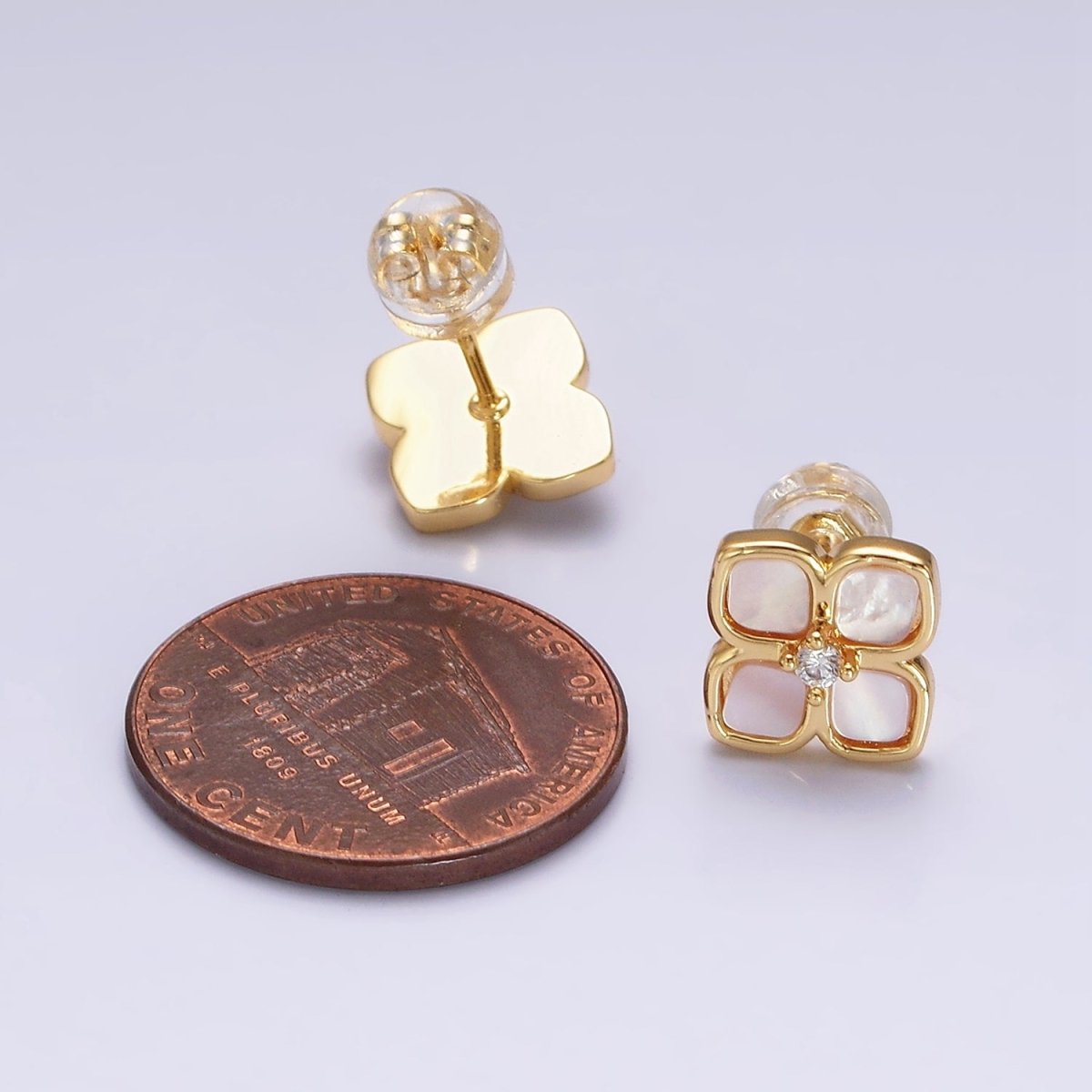 16K Gold plated Shell Pearl Flower Quatrefoil Stud Earring in Gold & Silver | AD1554 AD1555 - DLUXCA