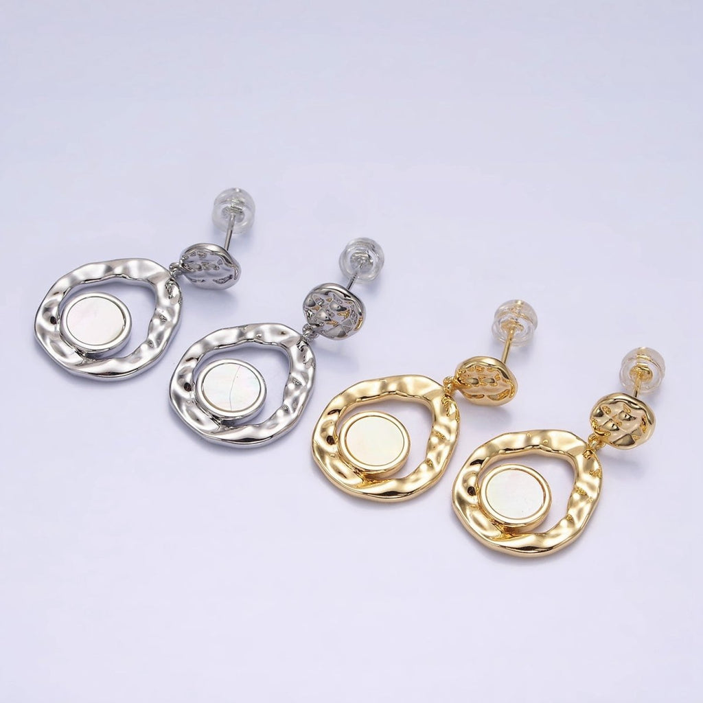 16K Gold plated Shell Pearl Open Round Double Hammered Drop Stud Earrings in Gold & Silver | Y-811 Y-812 - DLUXCA
