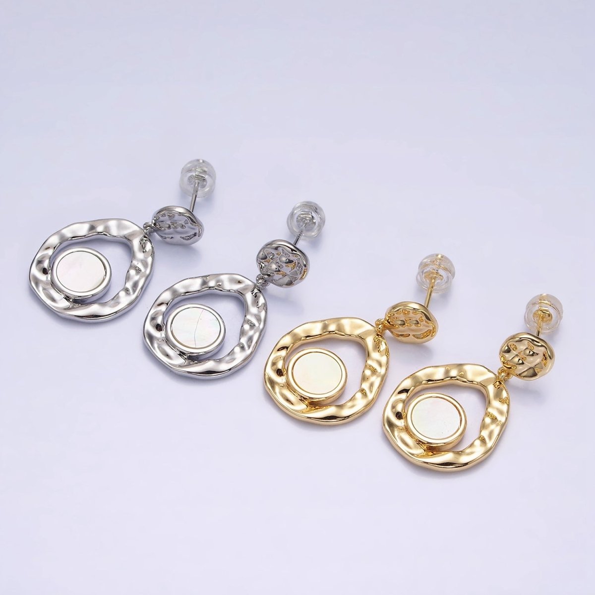 16K Gold plated Shell Pearl Open Round Double Hammered Drop Stud Earrings in Gold & Silver | Y-811 Y-812 - DLUXCA