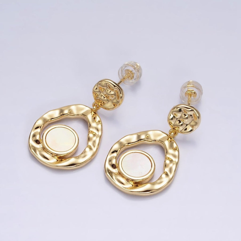 16K Gold plated Shell Pearl Open Round Double Hammered Drop Stud Earrings in Gold & Silver | Y-811 Y-812 - DLUXCA