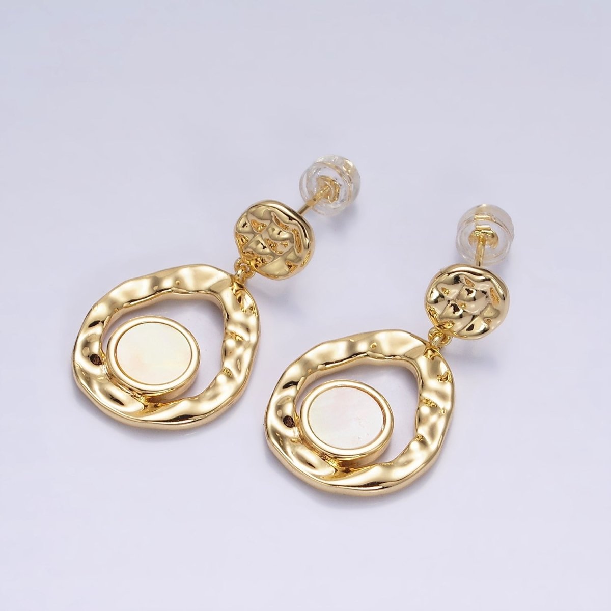 16K Gold plated Shell Pearl Open Round Double Hammered Drop Stud Earrings in Gold & Silver | Y-811 Y-812 - DLUXCA
