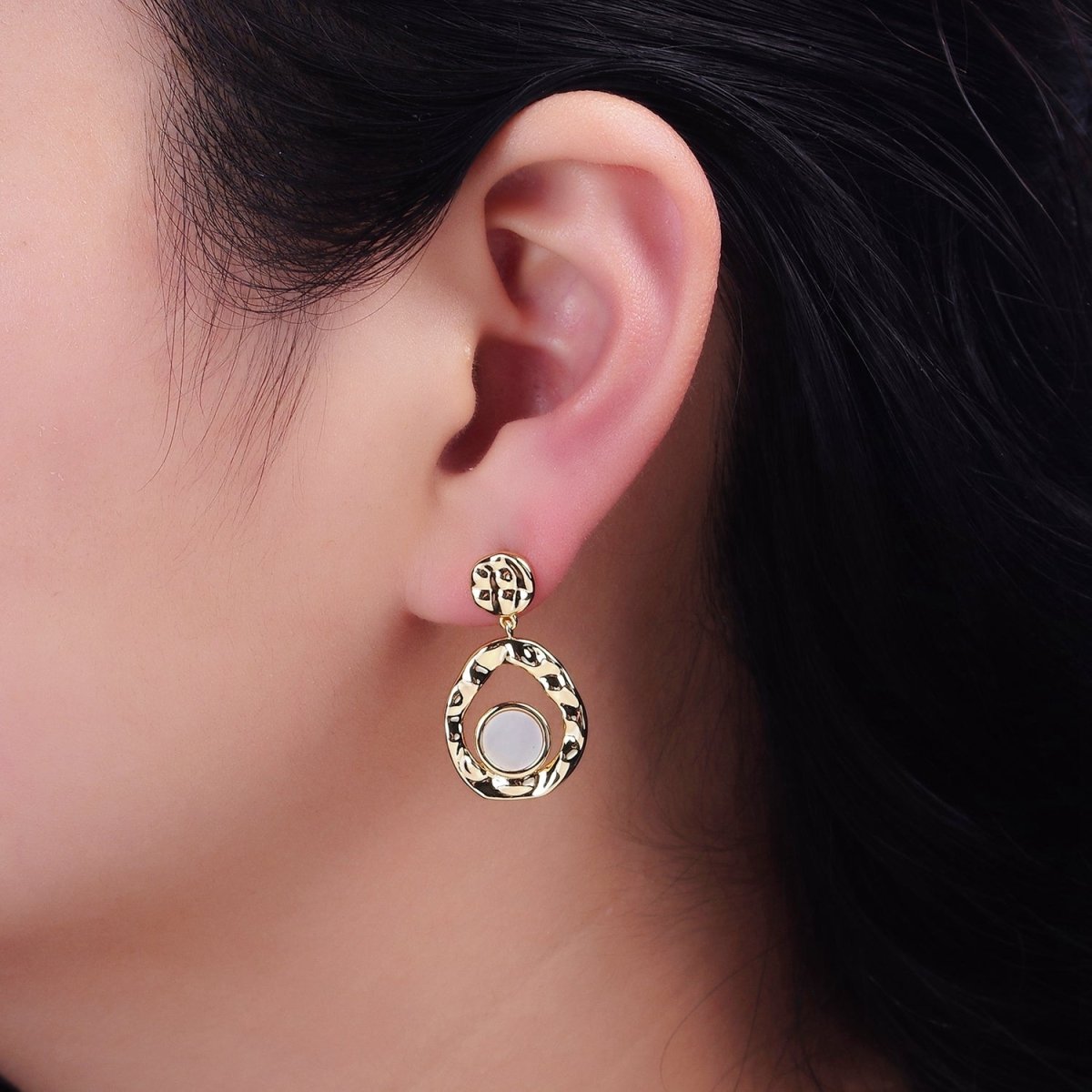 16K Gold plated Shell Pearl Open Round Double Hammered Drop Stud Earrings in Gold & Silver | Y-811 Y-812 - DLUXCA