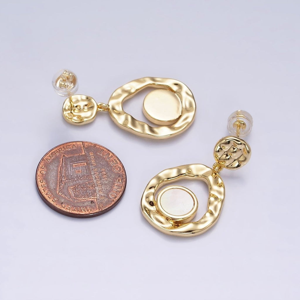 16K Gold plated Shell Pearl Open Round Double Hammered Drop Stud Earrings in Gold & Silver | Y-811 Y-812 - DLUXCA