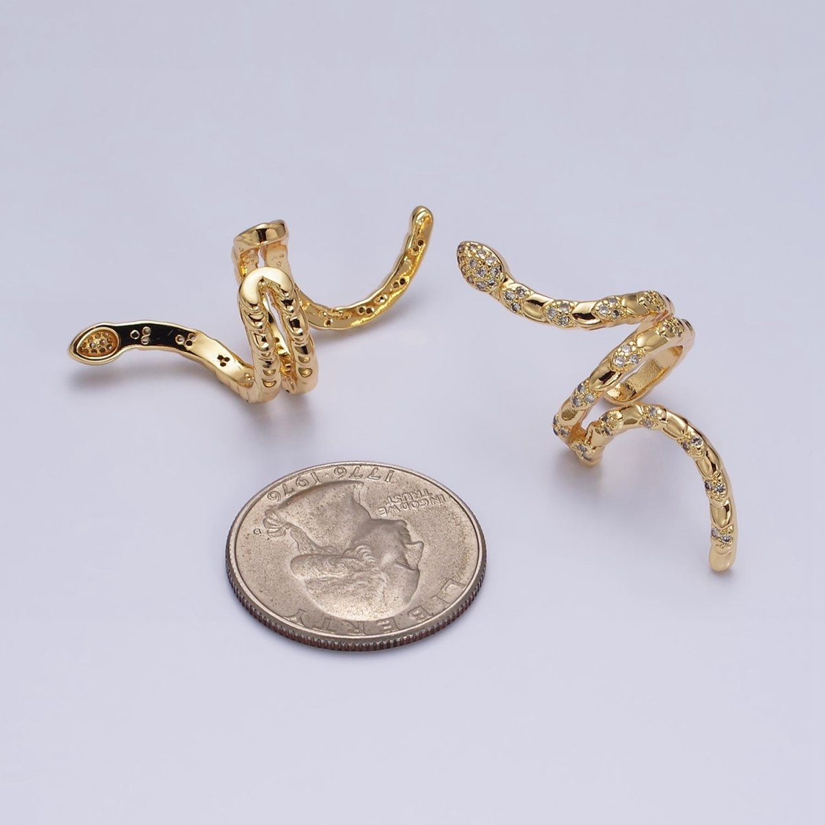 16K Gold plated Snake Serpent Scale Textured Micro Paved CZ Long Ear Cuff Earrings in Gold & Silver | AI-011 AI-012