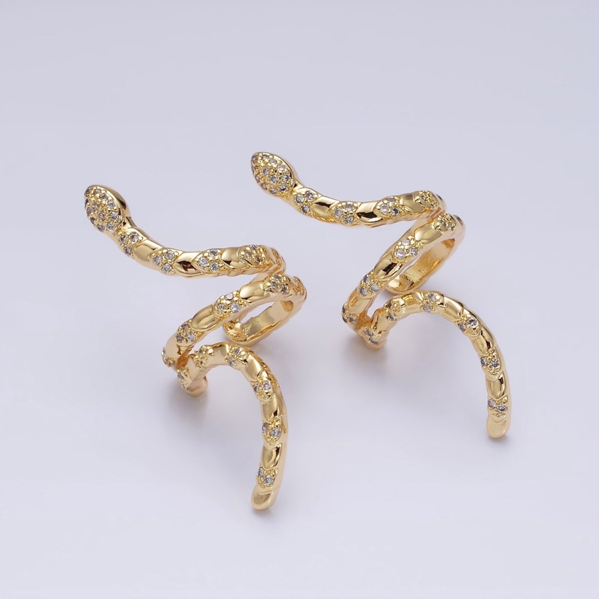 16K Gold plated Snake Serpent Scale Textured Micro Paved CZ Long Ear Cuff Earrings in Gold & Silver | AI-011 AI-012