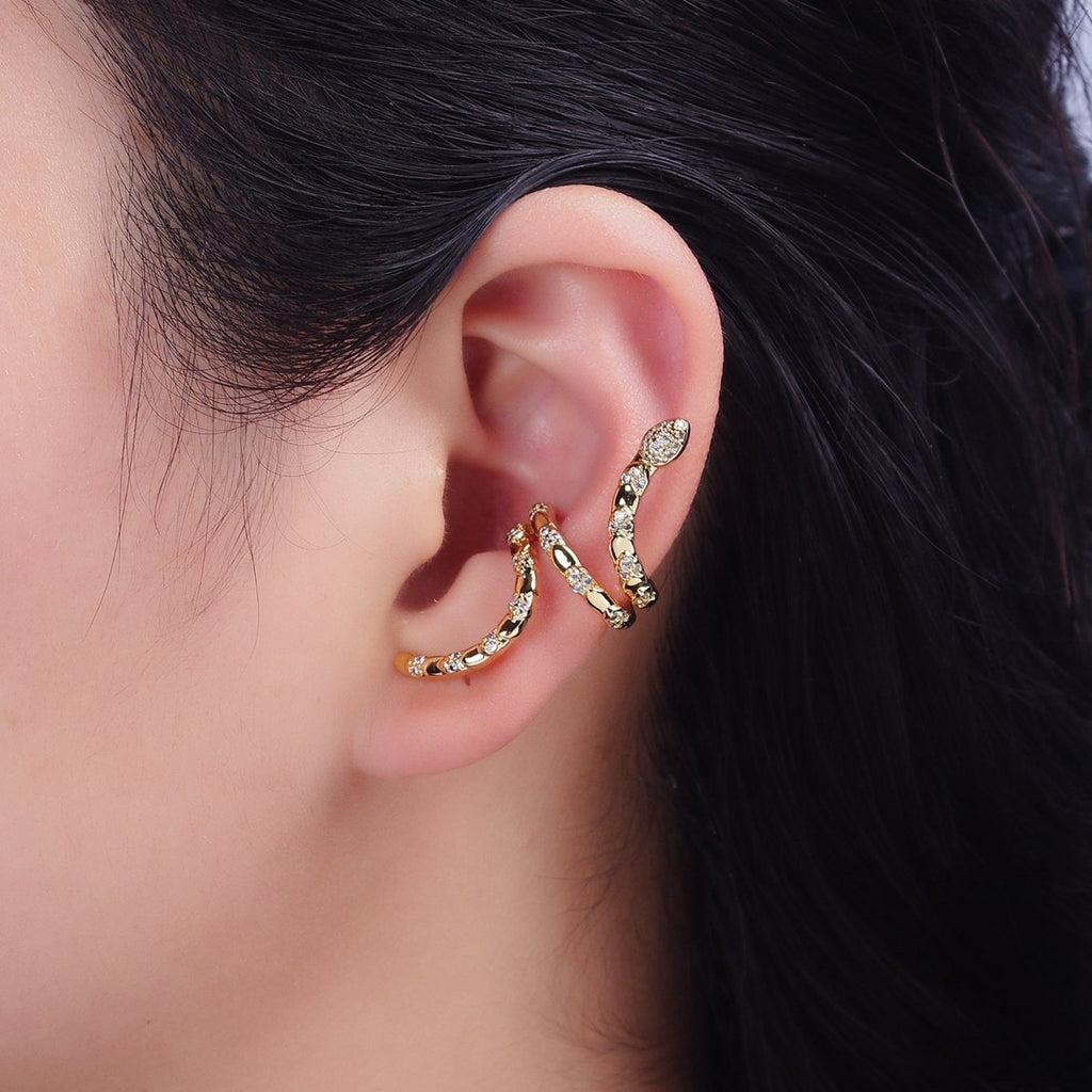 16K Gold plated Snake Serpent Scale Textured Micro Paved CZ Long Ear Cuff Earrings in Gold & Silver | AI-011 AI-012