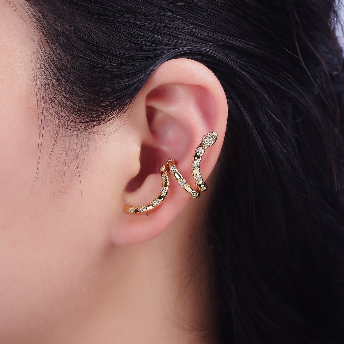 16K Gold plated Snake Serpent Scale Textured Micro Paved CZ Long Ear Cuff Earrings in Gold & Silver | AI-011 AI-012