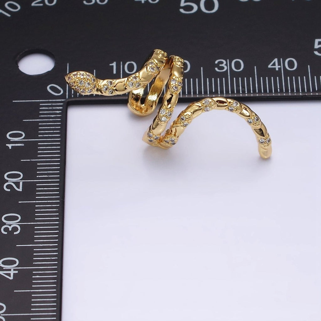16K Gold plated Snake Serpent Scale Textured Micro Paved CZ Long Ear Cuff Earrings in Gold & Silver | AI-011 AI-012