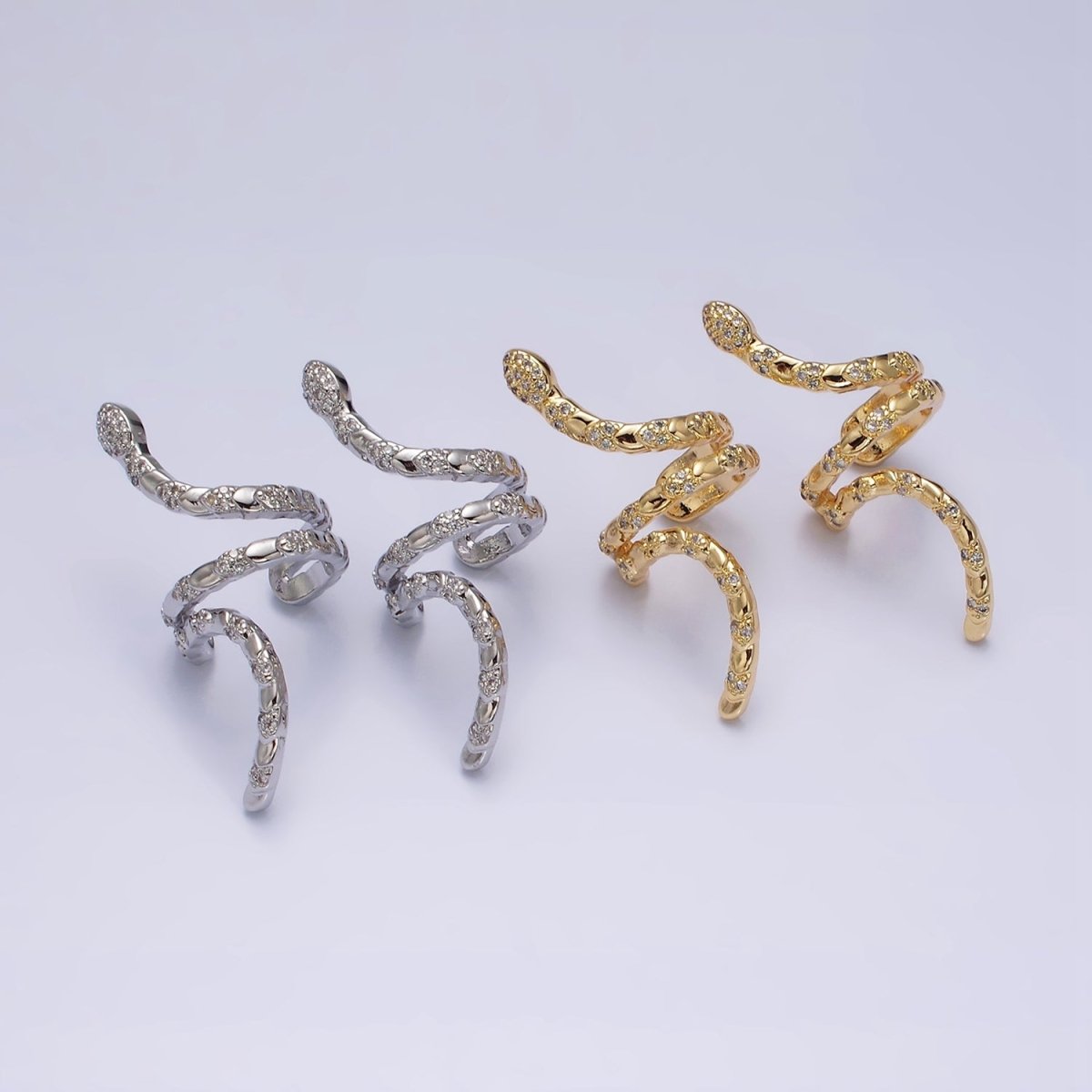 16K Gold plated Snake Serpent Scale Textured Micro Paved CZ Long Ear Cuff Earrings in Gold & Silver | AI-011 AI-012