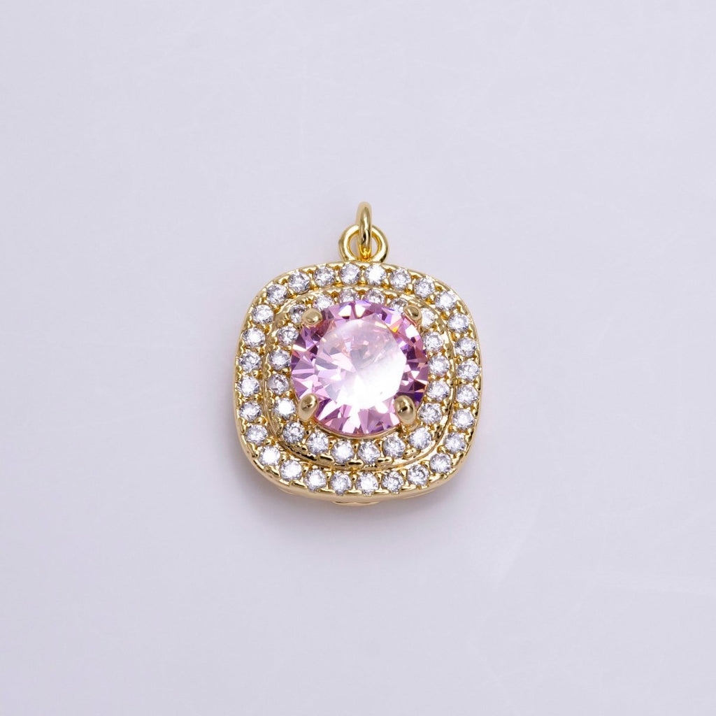 16K Gold plated Square Micro Paved Round Pink CZ Add-On Charm in Gold & Silver | AC1459 AC1460