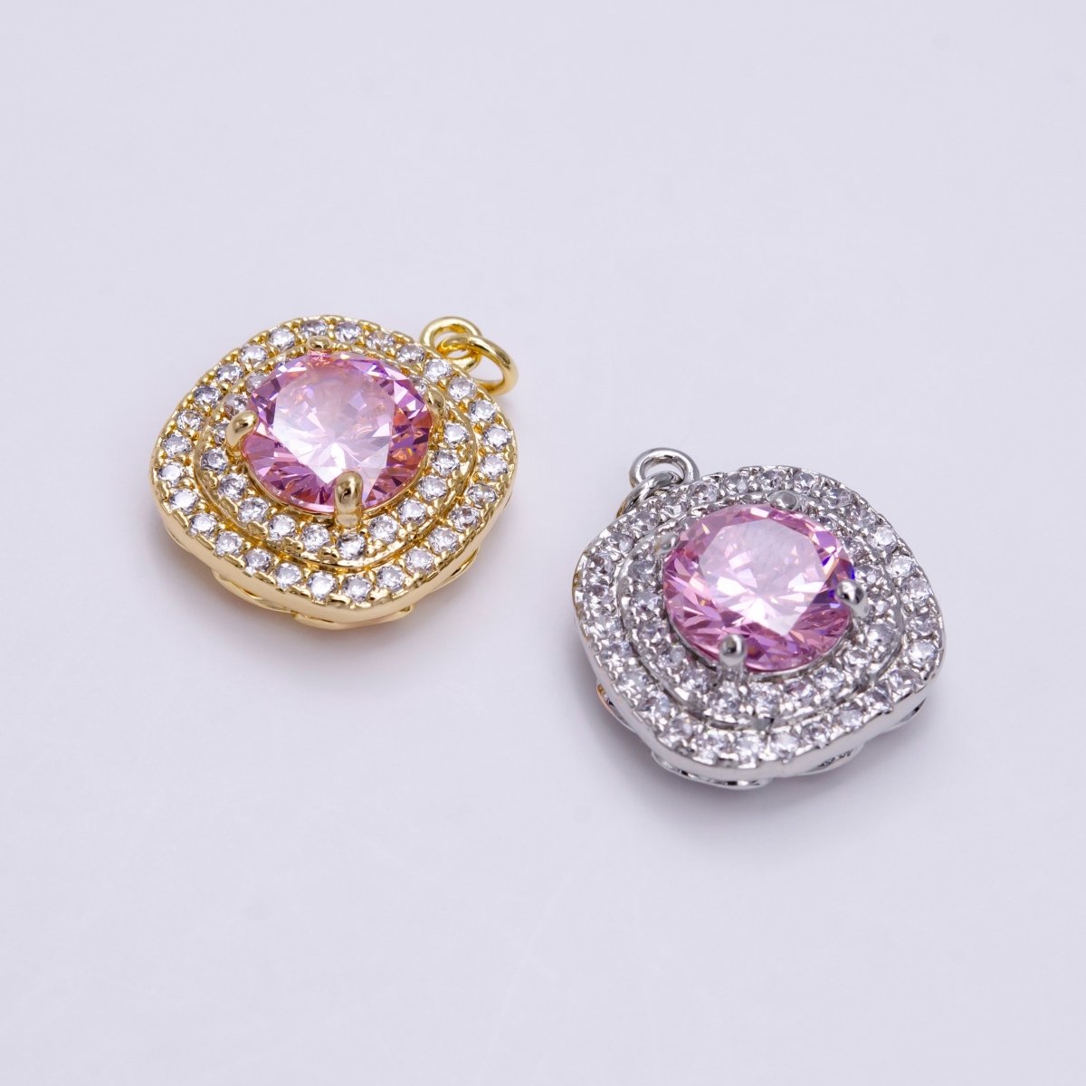 16K Gold plated Square Micro Paved Round Pink CZ Add-On Charm in Gold & Silver | AC1459 AC1460