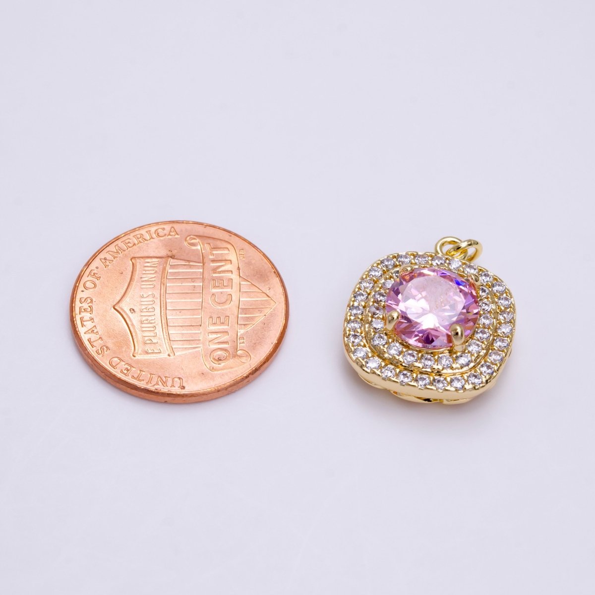 16K Gold plated Square Micro Paved Round Pink CZ Add-On Charm in Gold & Silver | AC1459 AC1460