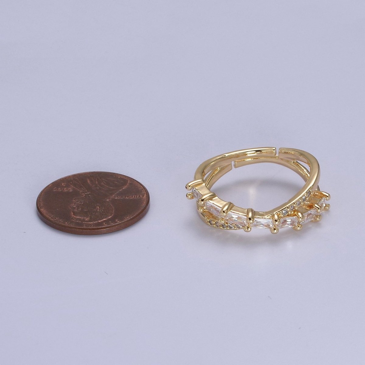 16K Gold plated Stacking Double Band Unique Clear Crystal Zirconia CZ Adjustable Ring U-304 - DLUXCA
