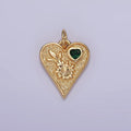 16K Gold plated Sunflower Plant Green CZ Hammered Heart Charm | N1011 - DLUXCA