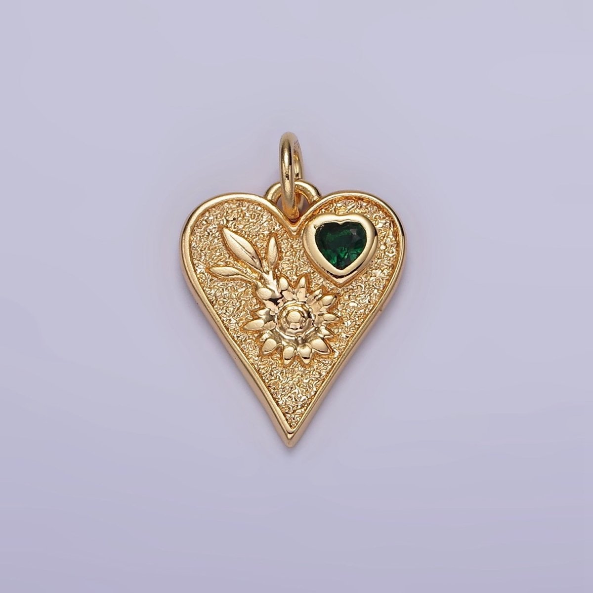 16K Gold plated Sunflower Plant Green CZ Hammered Heart Charm | N1011 - DLUXCA