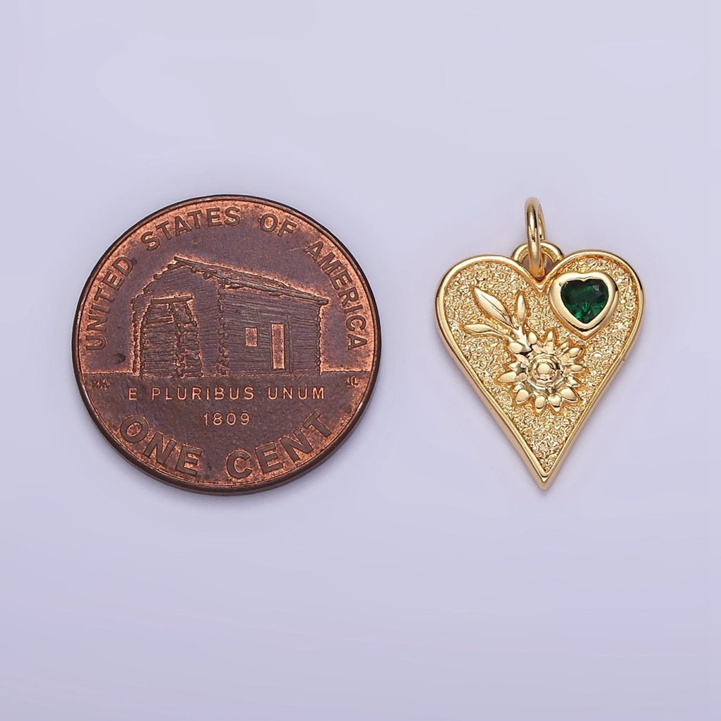 16K Gold plated Sunflower Plant Green CZ Hammered Heart Charm | N1011 - DLUXCA