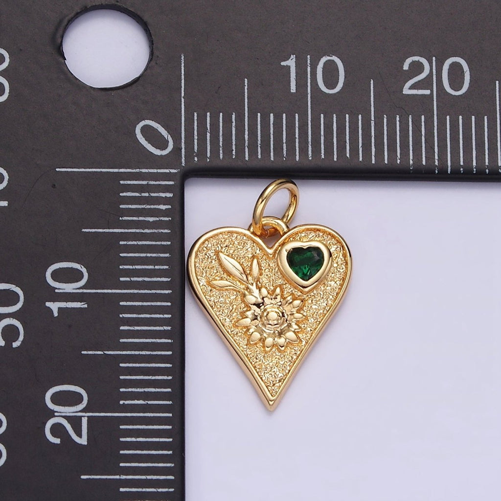 16K Gold plated Sunflower Plant Green CZ Hammered Heart Charm | N1011 - DLUXCA