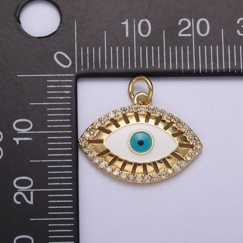16K Gold plated Teal Blue Evil Eye Open Bar Micro Paved CZ Charm | AC1421 - DLUXCA