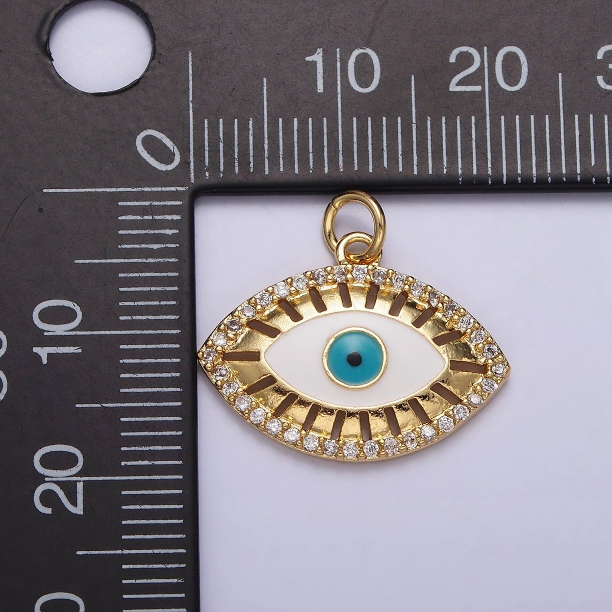 16K Gold plated Teal Blue Evil Eye Open Bar Micro Paved CZ Charm | AC1421 - DLUXCA