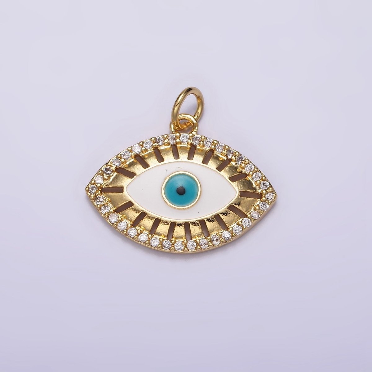 16K Gold plated Teal Blue Evil Eye Open Bar Micro Paved CZ Charm | AC1421 - DLUXCA