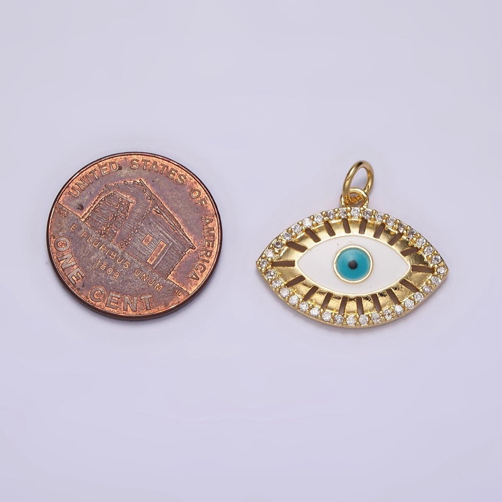 16K Gold plated Teal Blue Evil Eye Open Bar Micro Paved CZ Charm | AC1421 - DLUXCA