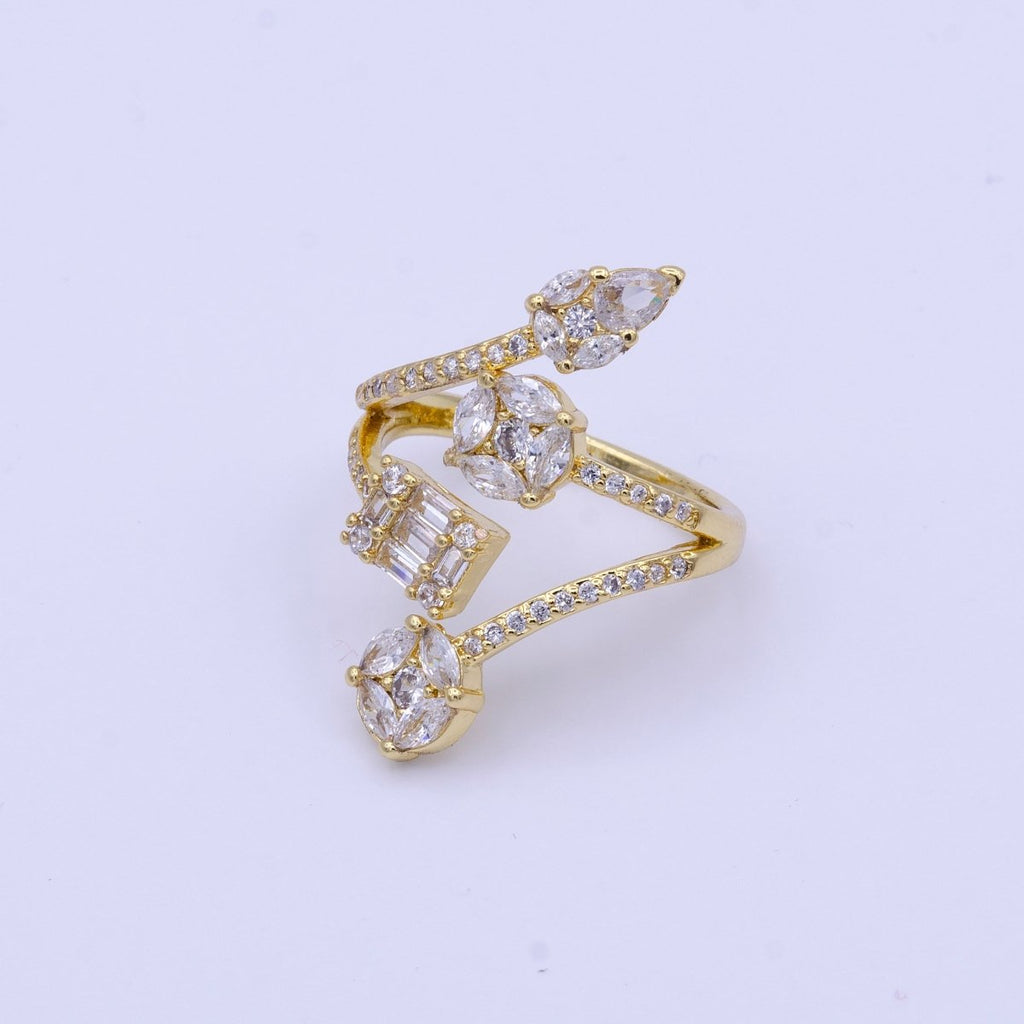 16K Gold plated Teardrop Round Baguette Clear CZ Multiple Band Open Statement Ring in Gold & Silver | O-1571 O-1572 - DLUXCA