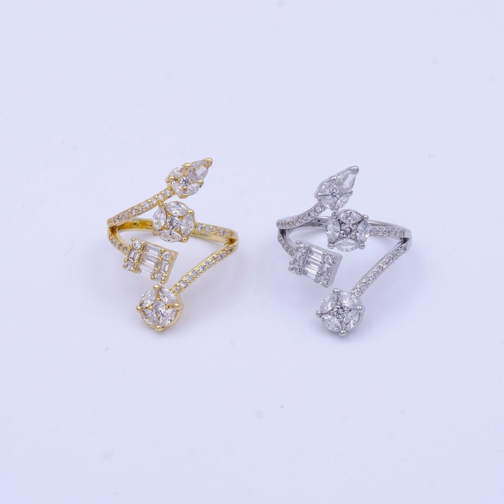 16K Gold plated Teardrop Round Baguette Clear CZ Multiple Band Open Statement Ring in Gold & Silver | O-1571 O-1572 - DLUXCA