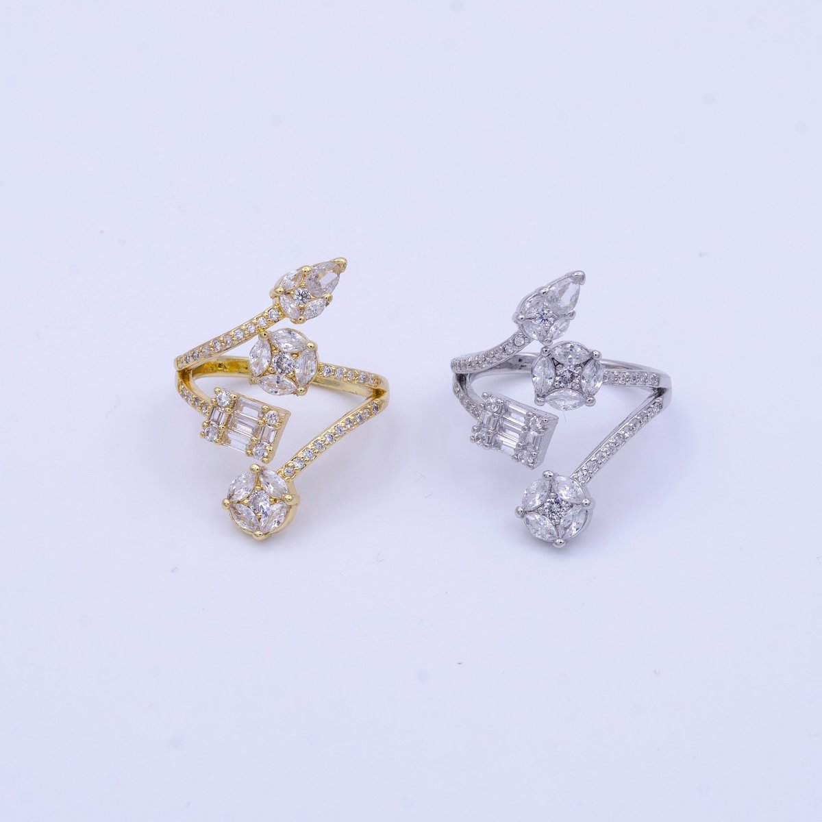 16K Gold plated Teardrop Round Baguette Clear CZ Multiple Band Open Statement Ring in Gold & Silver | O-1571 O-1572 - DLUXCA