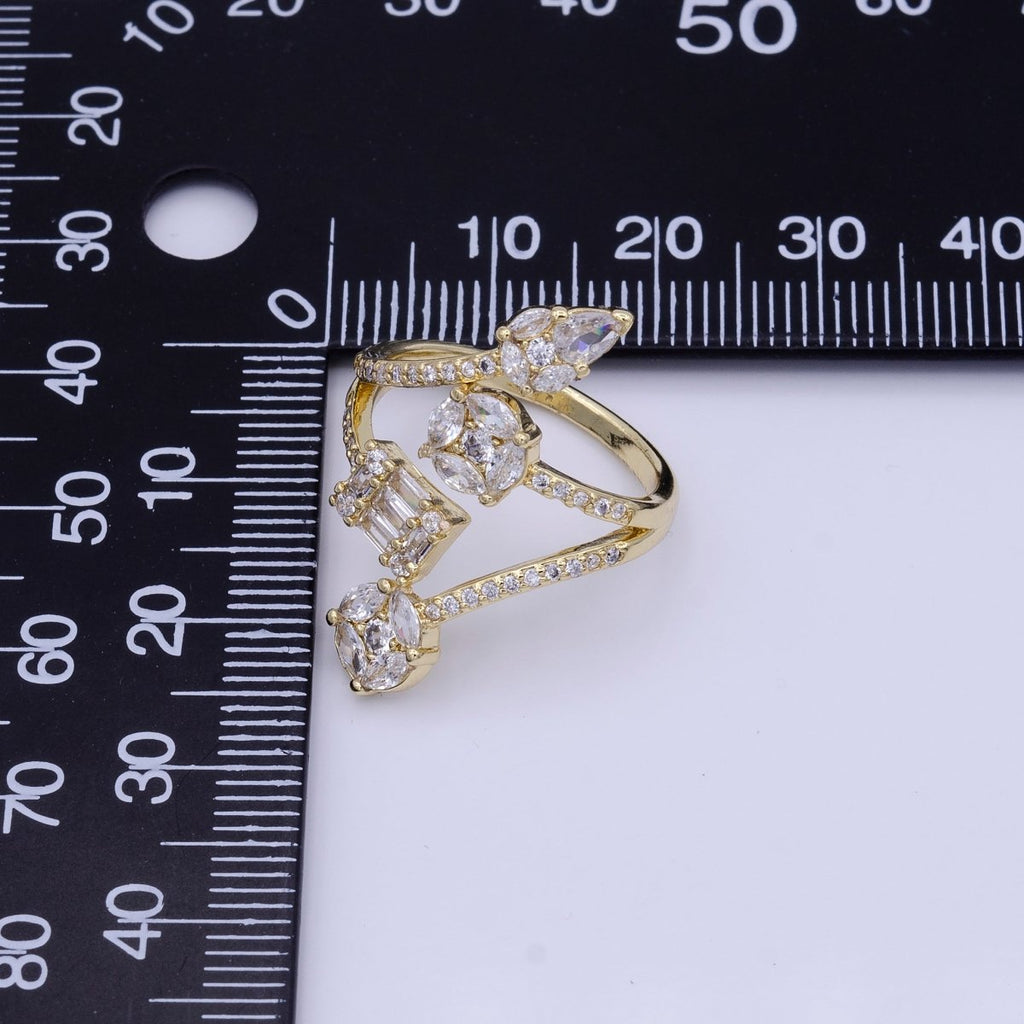 16K Gold plated Teardrop Round Baguette Clear CZ Multiple Band Open Statement Ring in Gold & Silver | O-1571 O-1572 - DLUXCA