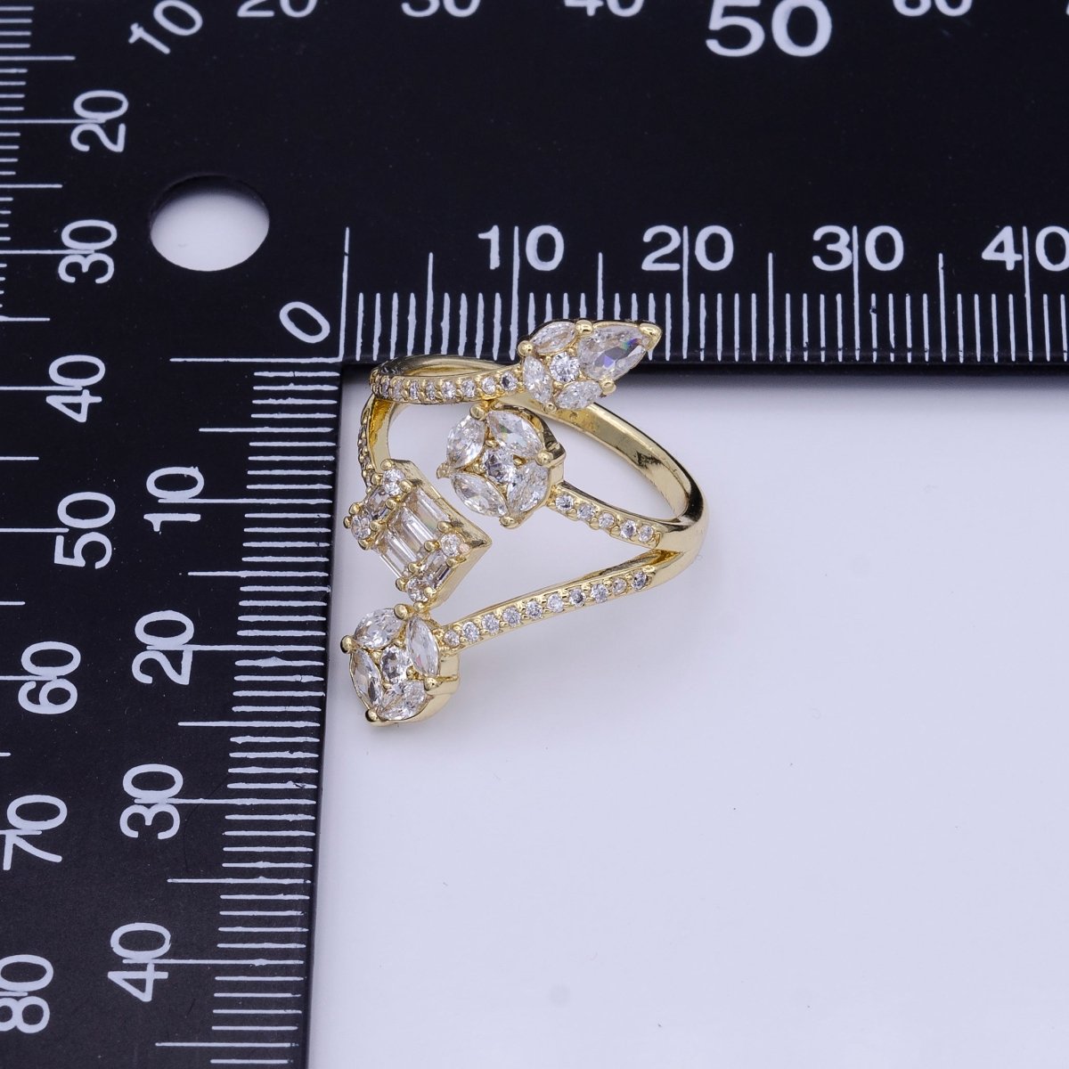 16K Gold plated Teardrop Round Baguette Clear CZ Multiple Band Open Statement Ring in Gold & Silver | O-1571 O-1572 - DLUXCA