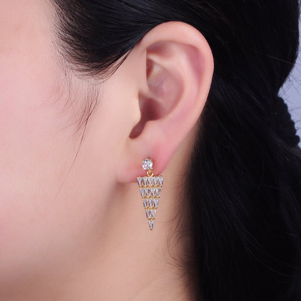 16K Gold plated Triangle Baguette CZ Drop Stud Earrings in Gold & Silver | AB1476 AB1477