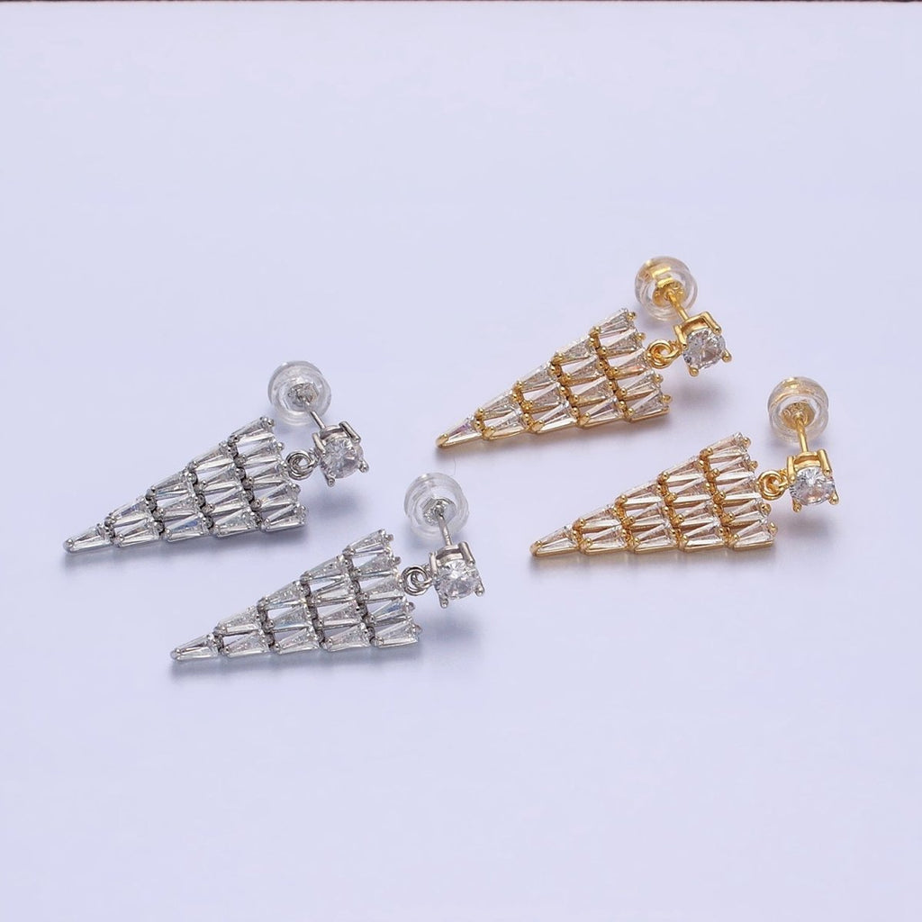 16K Gold plated Triangle Baguette CZ Drop Stud Earrings in Gold & Silver | AB1476 AB1477