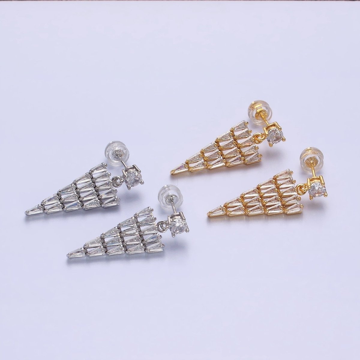16K Gold plated Triangle Baguette CZ Drop Stud Earrings in Gold & Silver | AB1476 AB1477