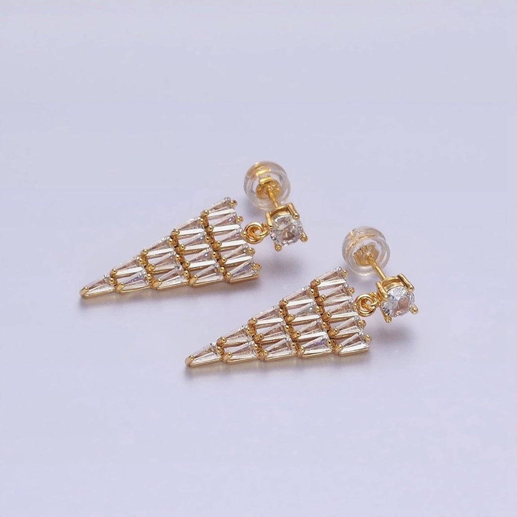 16K Gold plated Triangle Baguette CZ Drop Stud Earrings in Gold & Silver | AB1476 AB1477